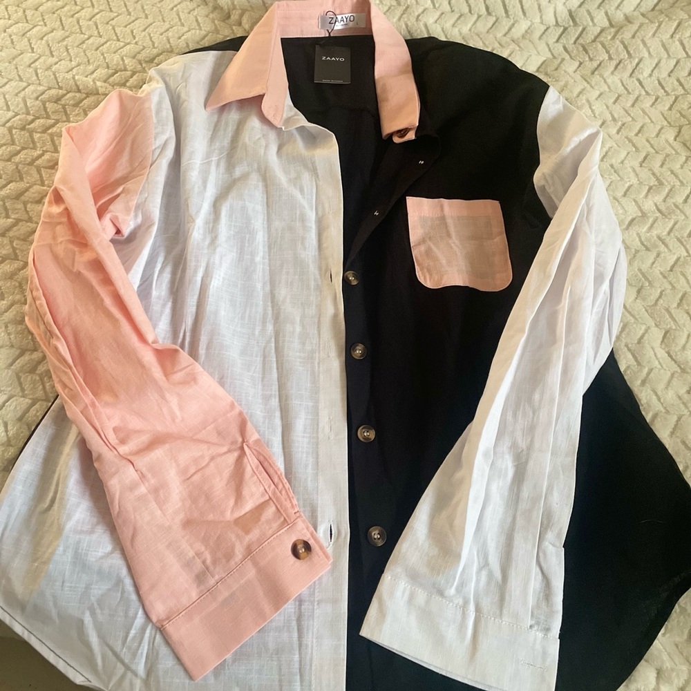Chic Women's Colorblock Button Down Shirt - Pink, White, and Black